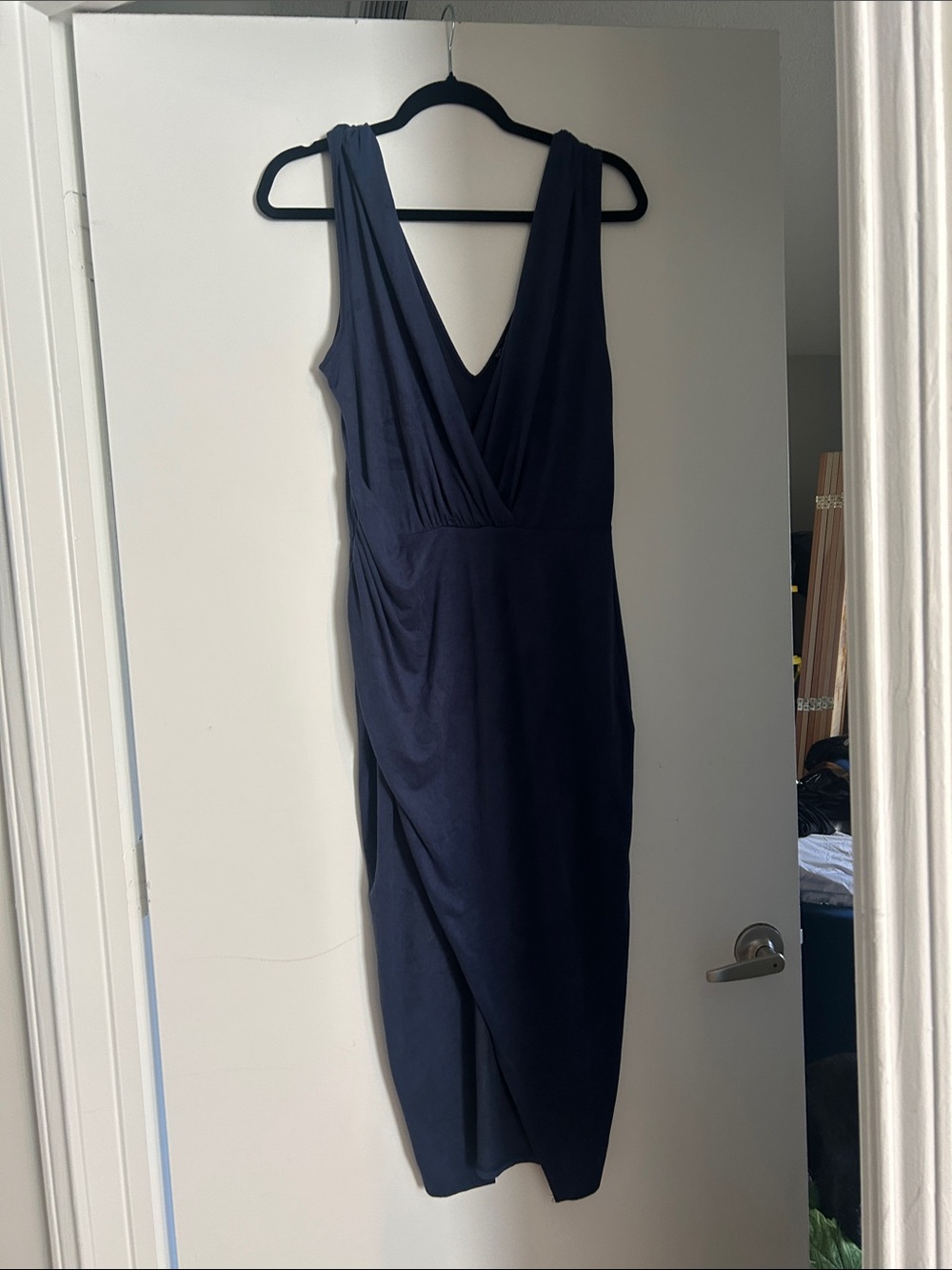 Women's Navy V-Neck Draped Sheath Dress